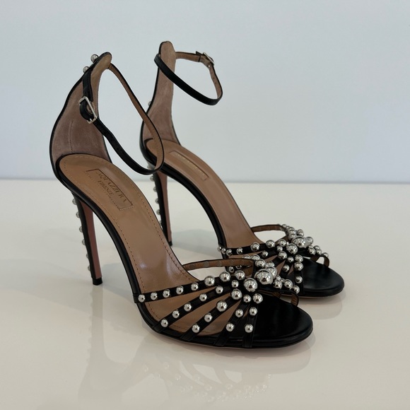 AQUAZZURA BLACK STUDDED SANDALS SIZE 8 - Picture 9 of 17